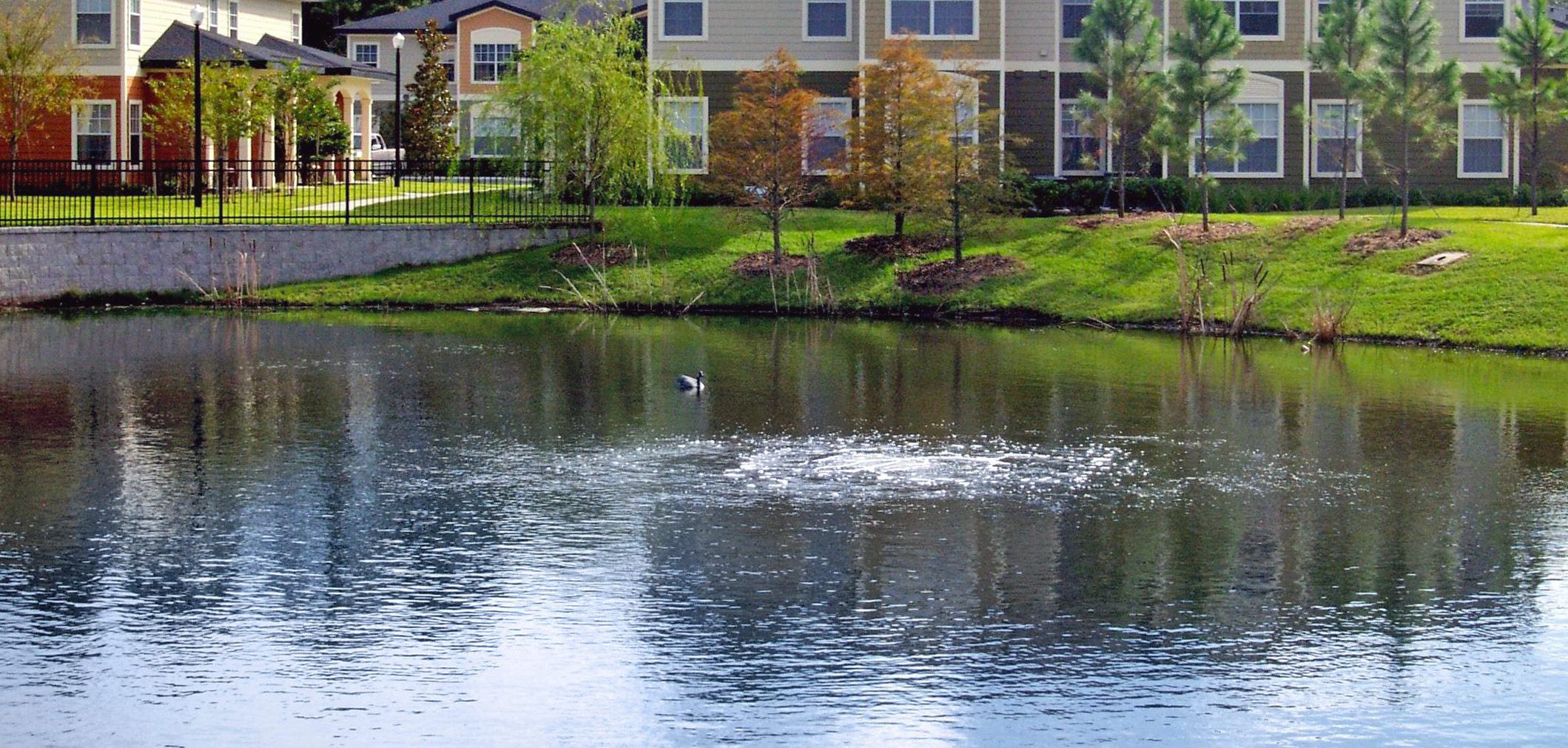 A residential pond with a submersible aerator, trees on the shoreline, and residential buildings in the background