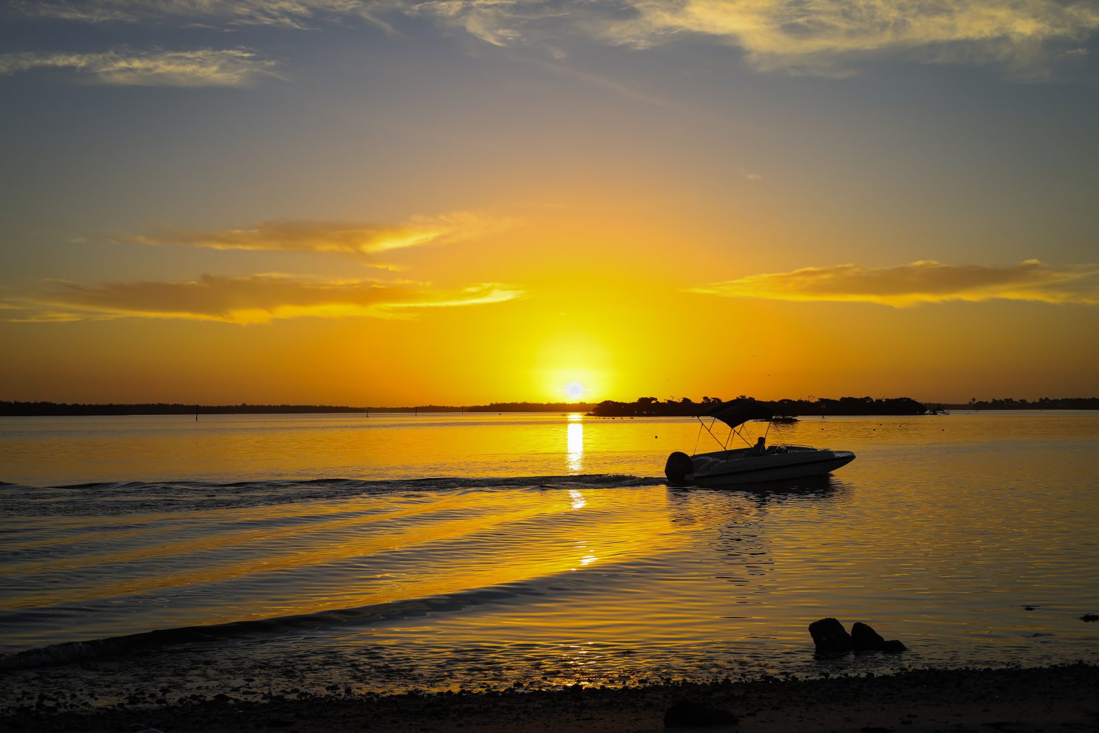 lake scenic shot with sunset - clients boating having fun on water