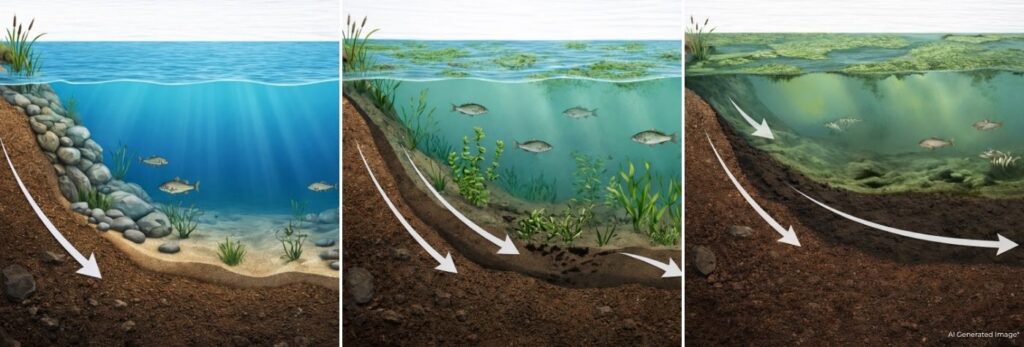Illustration showing the eutrophication process with a pond becoming shallower as sediment and organic matter accumulate and algae and aquatic plants increase.