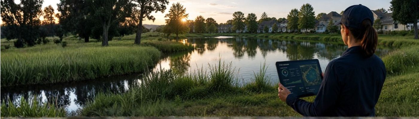AI rendering of a pond management expert using technology to help assess the health of the community lake