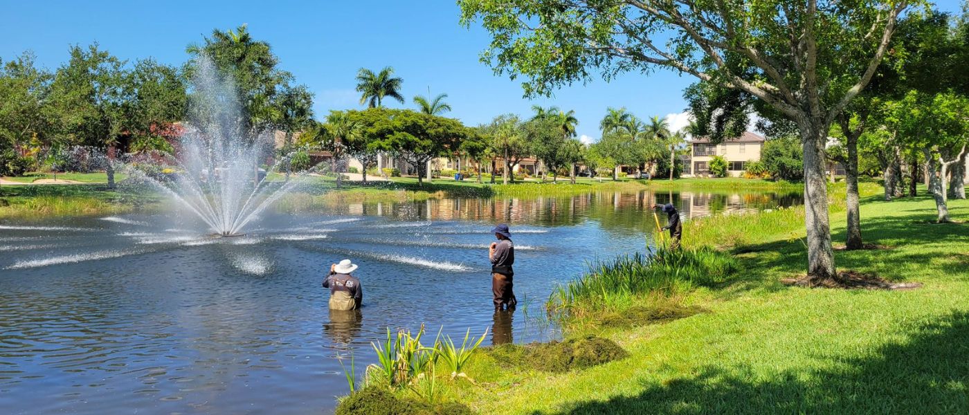 Preventative lake maintenance being performed by SOLitude aquatic technicians to community pond with fountain and buffer zone