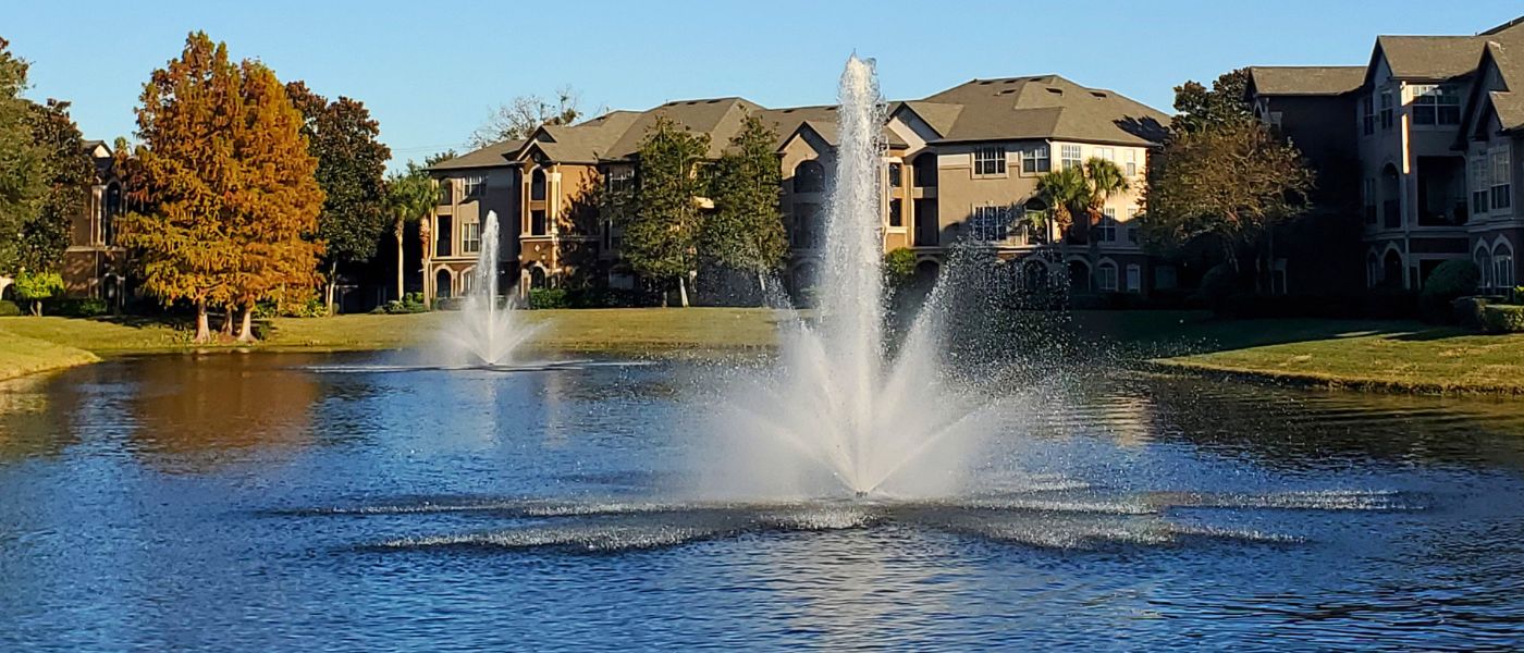 community pond with twin fountains