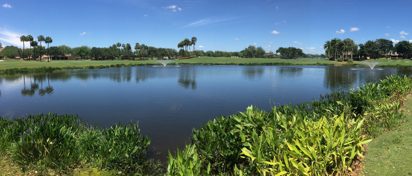 pond with two fountains and a healthy vegetated buffer zone