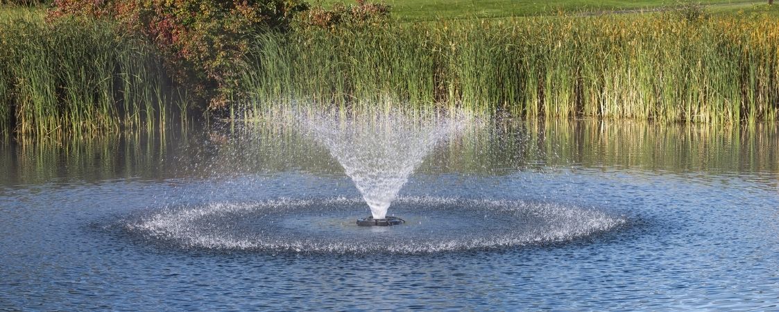 A floating fountain in a pond